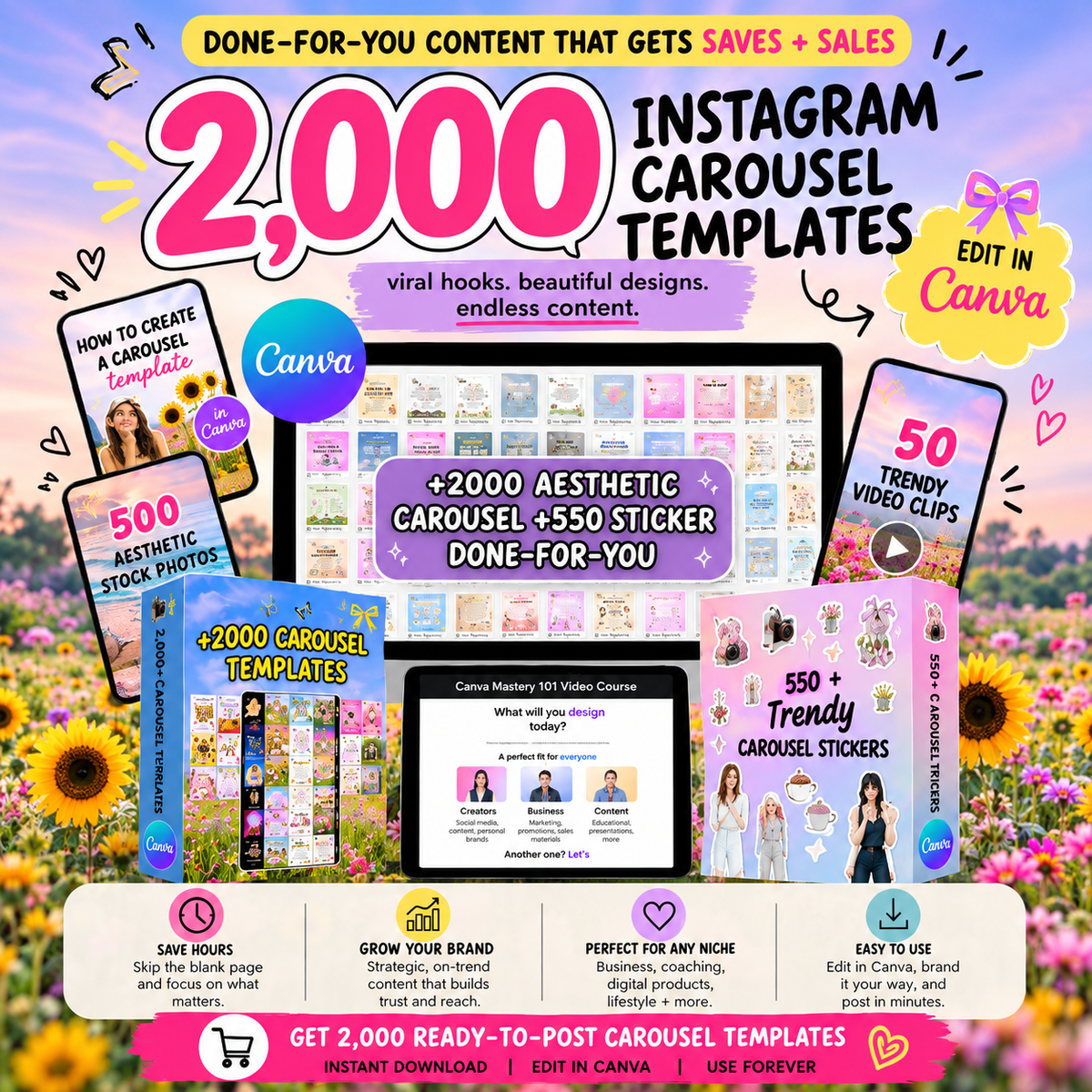 2,000+ Instagram Carousel Templates for Canva | Social Media Content Bundle
