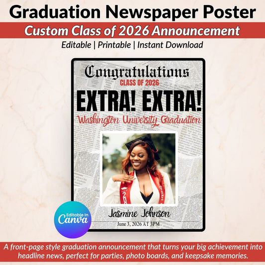 Graduation Newspaper Poster Editable in Canva with PLR Rights