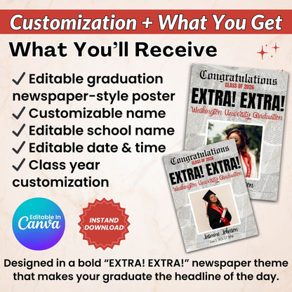 Graduation Newspaper Poster Editable in Canva with PLR Rights