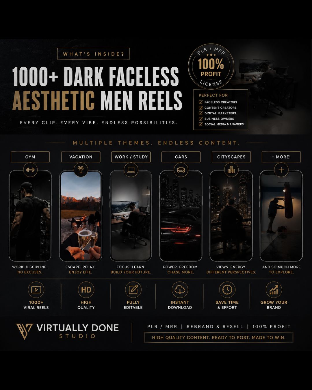 1,000 Men Dark Aesthetic Reels: Home, Gym, Study, Work From Home, Vacation and Lifestyle